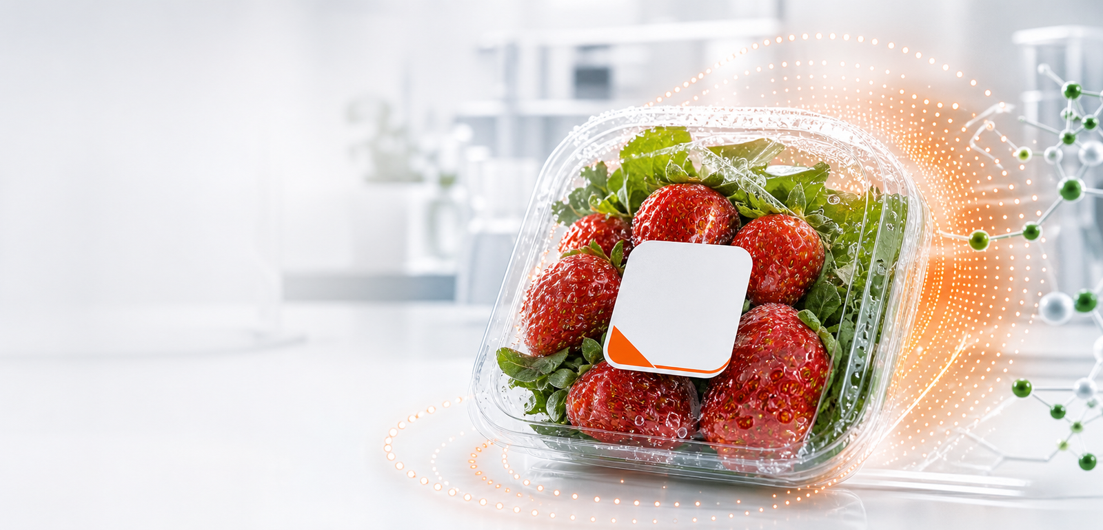 Lumi Fresh active preservation sticker on fresh produce packaging with orange particle protection and green botanical technology lines